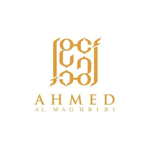 Logotipo original Ahmed Al Maghribi em dourado, com monograma estilizado acima do nome